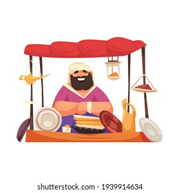 Eastern market stall with ceramics and happy male seller flat vector illustration