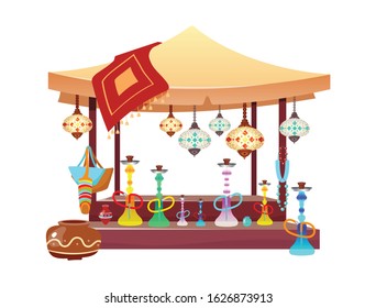Eastern market tent with hookahs cartoon illustration. Oriental bazaar awning with shisha, handmade accessories and souvenirs flat color object. Egypt, Istanbul marketplace stall isolated on white