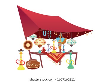 Eastern market tent with souvenirs cartoon vector illustration. Oriental bazaar awning with hookahs, handmade accessories flat color object. Egypt, Istanbul marketplace stall isolated on white