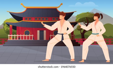 Eastern martial arts flat composition with male and female athlete characters in kimono training tai chi outdoors vector illustration