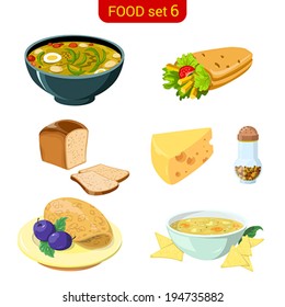 Eastern meal vector icon set. Soup, bread, cheese. Food collection. High detail. 