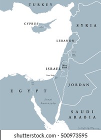 Eastern Mediterranean countries political map with national borders. Nations to the east of Mediterranean Sea, also called Levant. English labeling and scaling. Gray illustration on white background.