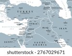 Eastern Mediterranean, Turkey and countries of the Levant, gray political map. Heart of the Middle East encompassing Anatolia, and countries along the eastern Mediterranean coast. Illustration. Vector