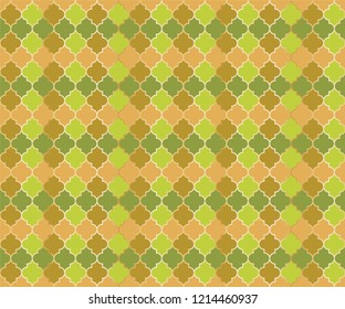 Eastern Mosque Window Vector Seamless Pattern. Ramadan mubarak muslim background. Traditional ramadan mosque pattern with gold grid. Rich islamic window grid design of lantern shapes tiles.