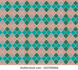 Eastern Mosque Window Vector Seamless Pattern. Ramadan mubarak muslim background. Traditional ramadan mosque pattern with gold grid mosaic. Islamic window grid design of lantern shapes tiles.