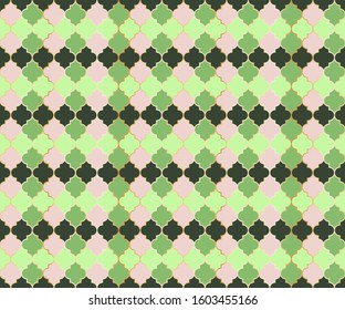 Eastern Mosque Window Vector Seamless Pattern. Ramadan mubarak muslim background. Traditional ramadan mosque pattern with gold grid. Chic islamic window grid design of lantern shapes tiles.
