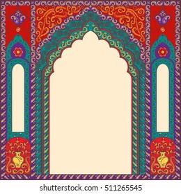 Eastern multicolored frames, arch. Template design elements in oriental style. Floral Frame for cards and postcards. Muslim invitations and decor for brochure, poster. Vector border