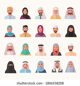 Eastern muslim characters avatars set. Smiling arab faces of men women in chador and burqa trendy colored hijabs traditional Islamic profiles stylish dark mustache and beard. Profile cartoon vector.