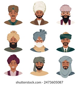 Conjunto de avatares de Vector de cultura árabe o india con tocado de turbante de moda musulmana oriental. Hombres orientales sauditas envueltos con sombrero de cabeza de bufanda. Retrato de asiático viejo y joven masculino con el accesorio étnico oriental del turbante