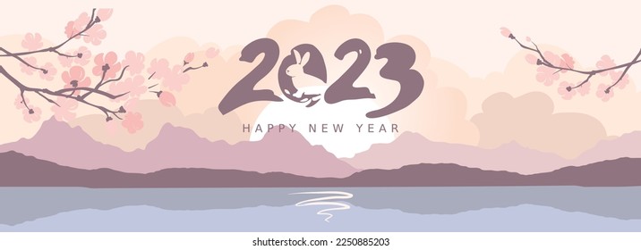 Eastern New Year 2023. Vector illustration, narrow background, blooming sakura and mountains	