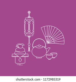 Eastern New Year symbols. Chinese lantern, kettle with two cups, fan, kagami mochi. Festive traditions of different countries.