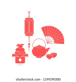 Eastern New Year symbols. Chinese lantern, kettle with two cups, fan, kagami mochi. Festive traditions of different countries.