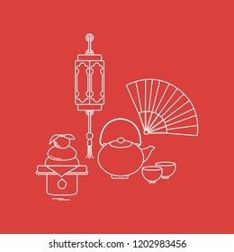 Eastern New Year symbols. Chinese lantern, kettle with two cups, fan, kagami mochi. Festive traditions of different countries.