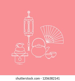 Eastern New Year symbols. Chinese lantern, kettle with two cups, fan, kagami mochi. Festive traditions of different countries.