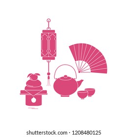 Eastern New Year symbols. Chinese lantern, kettle with two cups, fan, kagami mochi. Festive traditions of different countries.