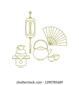 Eastern New Year symbols. Chinese lantern, kettle with two cups, fan, kagami mochi. Festive traditions of different countries.