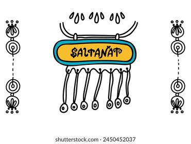 Eastern ornament illustration concept. Vector decorative poster or banner with lettering text "Saltanat", Kazakh girl name. Colours of the Kazakhstan flag. National  necklace design, yellow and blue.