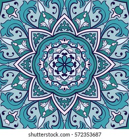 Eastern ornamental background. Template for carpet, shawl, textile, cloth. Stylized turquoise mosaic. Oriental blue pattern.