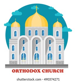 Eastern orthodox christian church with domes. Christianity place for worship or praying to God or father, Jesus. Religion social institution in for of chapel or cathedral, sanctuary. Culture and faith