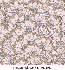Eastern pattern with flowers, feathers and leaves in pale pink and blue shadows 