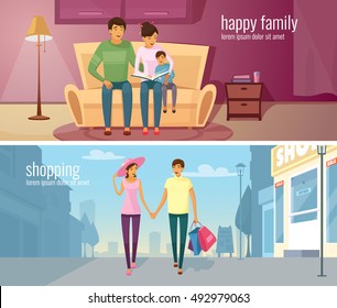 Eastern people two horizontal banners with young couple in modern home interior and outdoor at urban background vector cartoon illustration 