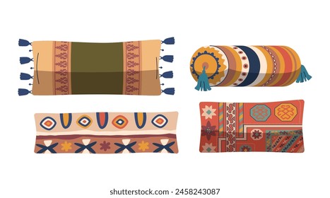 Eastern Pillows, Isolated Vector Cushions, Adorned With Unique, Vibrant Patterns And Tassels, Traditional Motifs