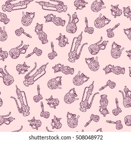 Eastern pitchers. Seamless vector pattern. Delicate outline on a pink background.Template for printing onto fabric, wrapping paper, textiles.