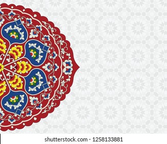 Eastern postcard, template. On the background of bright background where you can write text. Vector image in Islamic style.