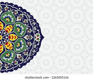 Eastern postcard, template. On the background of bright background where you can write text. Vector image in Islamic style.