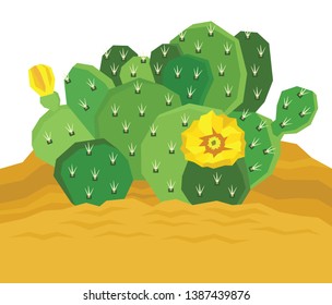 The eastern prickly pear cactus with yellow flowers Vector illustration set