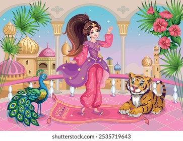 Eastern princess in the palace. Arabian tale about Aladdin and Genie's lamp. Pink candy background with castle, oriental fairy and Muslim architecture. Cartoon fabulous Wallpaper or print for girl.  