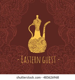 Eastern quest. Logo in the form of a jug with Oriental ornaments. A Golden pitcher on a brown background. A sophisticated Oriental pattern.The template company's logo, corporate style, identity.