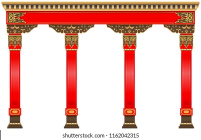The Eastern red chinese arch. Carved architecture and classic columns. Chinese style. Decorative architectural frame in vector graphics.
