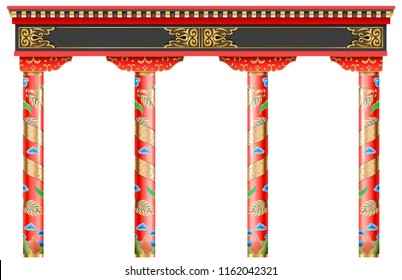 The Eastern red chinese arch. Carved architecture and classic columns. Chinese style. Decorative architectural frame in vector graphics.