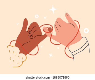 Eastern red thread of fate on hands of lovers. Valentines Day with soulmate. Symbol of eternal love or friendship. Connection two destinies or marriage on little fingers. Vector stock illustration.