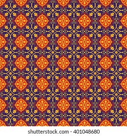 Eastern seamless pattern in blue, red and yellow colors. Colorful oriental ornament. Vector abstract background.