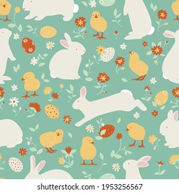 Eastern seamless pattern with bunnies, chicks, eggs and flowers. Cute vector Illustration. Green, white, orange background.