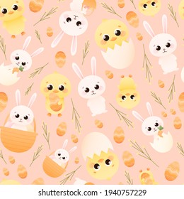 Patrón ininterrumpido oriental con personajes animales adorables - polluelos y conejito y flores, vacaciones de primavera de helllo para los niños