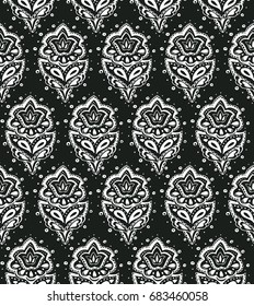 Eastern seamless pattern. Damask floral ornament. Hand drawn flowers texture. Vector monochrome background.