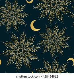 Eastern seamless pattern with gold fretwork, half moon, green background. Design for invitation card, fabric, banner template