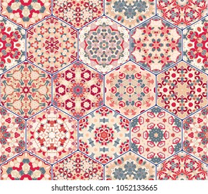 Eastern seamless pattern tiles. Colorful vector set of hexagonal elements for design of wallpaper, fabric or wrapping paper.