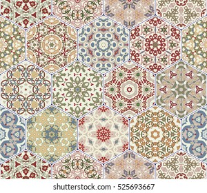 Eastern seamless pattern tiles. Colorful vector set of hexagonal elements for design of wallpaper, fabric or wrapping paper.