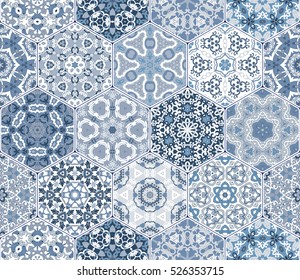 Eastern seamless pattern tiles. Colorful vector set of hexagonal elements for design of wallpaper, fabric or wrapping paper.