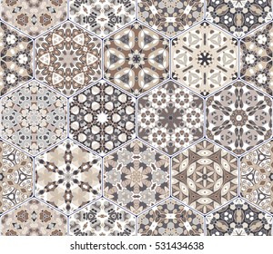 Eastern seamless pattern tiles. Colorful vector set of hexagonal elements for design of wallpaper, fabric or wrapping paper.