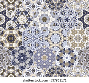Eastern seamless pattern tiles. Colorful vector set of hexagonal elements for design of wallpaper, fabric or wrapping paper.