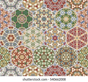 Eastern seamless pattern tiles. Colorful vector set of hexagonal elements for design of wallpaper, fabric or wrapping paper.