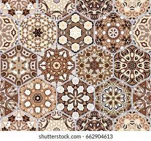 Eastern seamless pattern tiles. Colorful vector set of hexagonal elements for design of wallpaper, fabric or wrapping paper.