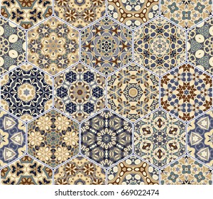 Eastern seamless pattern tiles. Colorful vector set of hexagonal elements for design of wallpaper, fabric or wrapping paper.