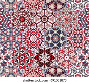 Eastern seamless pattern tiles. Colorful vector set of hexagonal elements for design of wallpaper, fabric or wrapping paper.