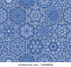 Eastern seamless pattern tiles. Colorful vector set of hexagonal elements for design of wallpaper, fabric or wrapping paper.